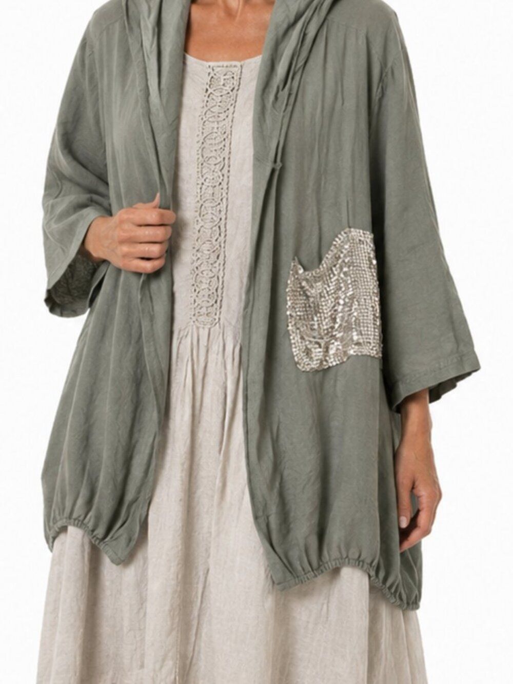 Tempo Paris 100% Linen Hooded Jacket Size M/L Lagenlook Boho Shimmer Pocket